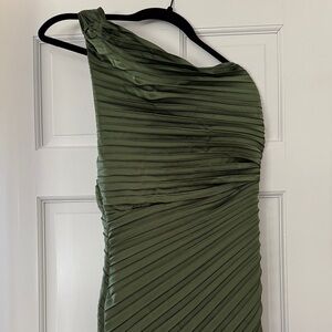 One-Shoulder Olive Green Pleated Women’s Dress